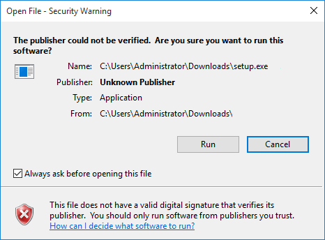 The publisher could not be verified. Are you sure you ant to run this software