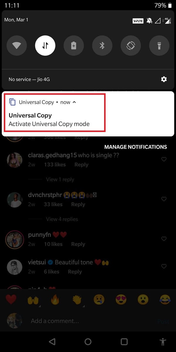 Then, from the notification bar, select ‘Universal Copy mode’. | How to Copy Instagram Captions Comments and Bio