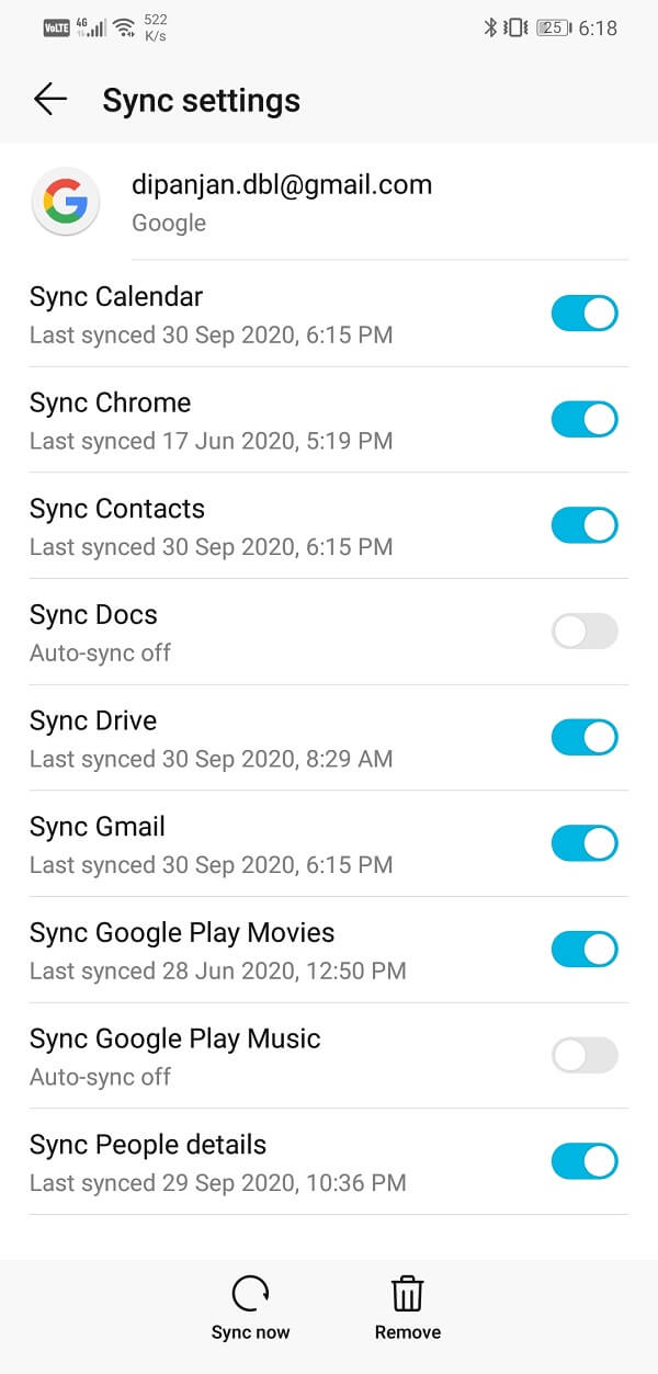 This will open Sync settings for your Google Account