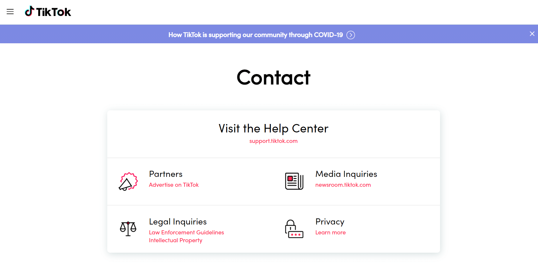 TikTok Contact page