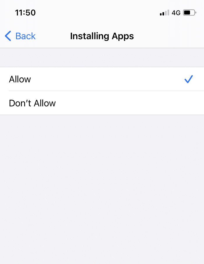 To allow the installation of apps on your iOS device, enable this option by tapping Allow