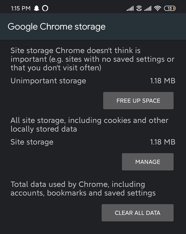 To clear app data, tap on “manage space” and then select clear data