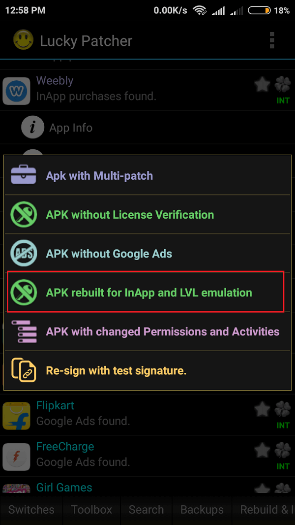 To get unlimited resources in the game, tap on the “APK rebuilt for InApp and LVL emulation” option