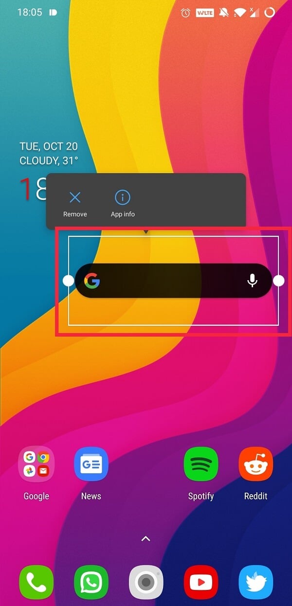 To move Google search bar somewhere else on the home screen, long-press on the widget