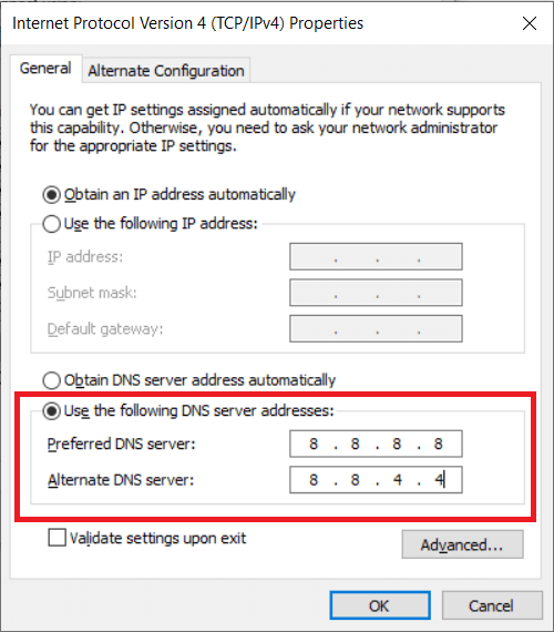 Чтобы использовать общедоступный DNS Google, введите значения 8.8.8.8 и 8.8.4.4 в разделе «Предпочитаемый DNS-сервер» и «Альтернативный DNS-сервер».