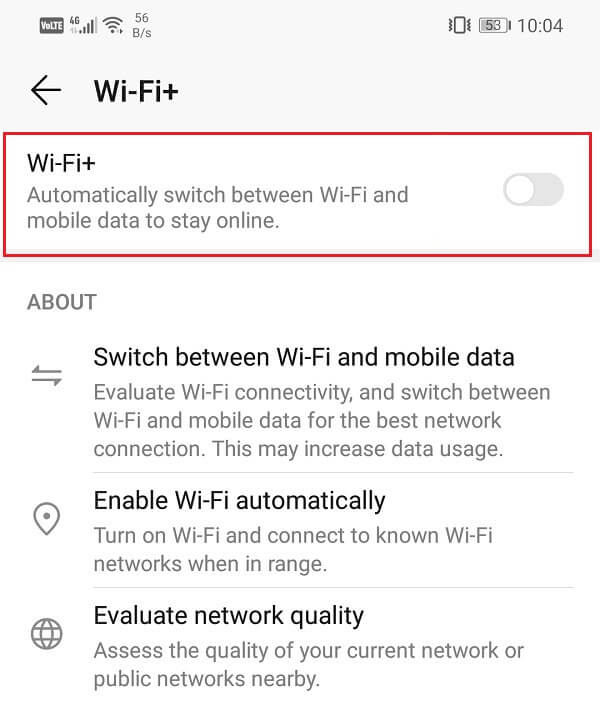 Toggle off switch next to Wi-Fi+ to disable the automatic switch feature