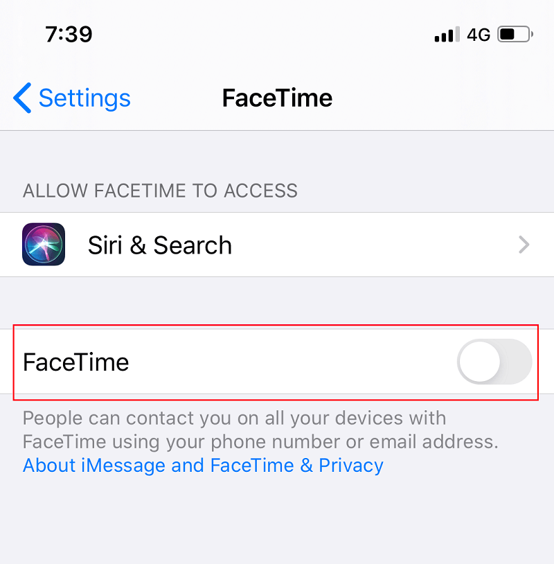 Toggle off the button next to FaceTime in order to disable it