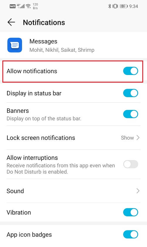 Toggle off the options to allow notifications and to display in the status bar