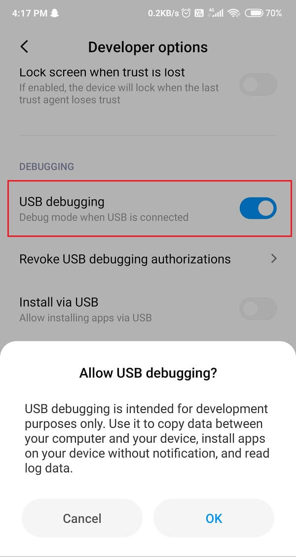 Toggle on USB Debugging option
