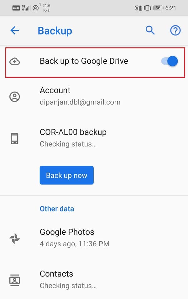 Toggle switch next to Backup to Google Drive is turned on