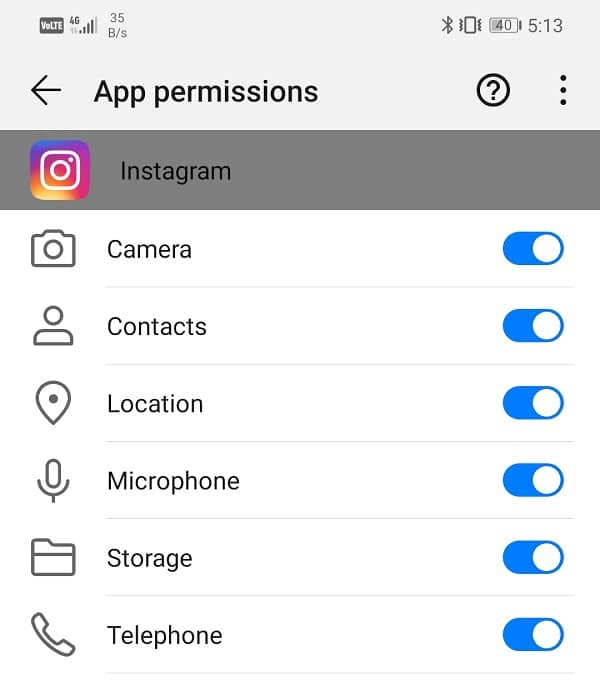 Toggle switch next to all the permissions is turned on