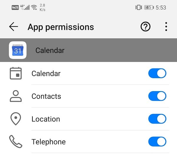 Toggle the switch on for all the permissions