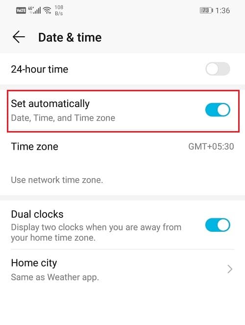 Toggle the switch on for automatic date and time setting