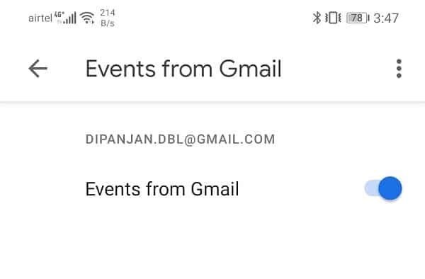 Toggle the switch on to allow Events from Gmail