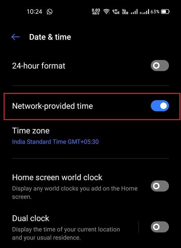 Toggle the ‘Network provided time’