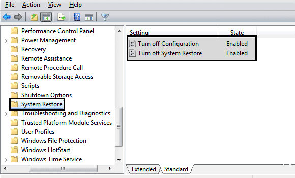 Turn off System Restore settings gpedit