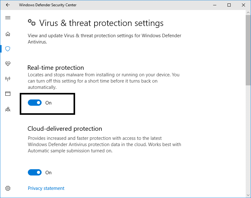 Turn off the Real-time protection to disable the Windows Defender