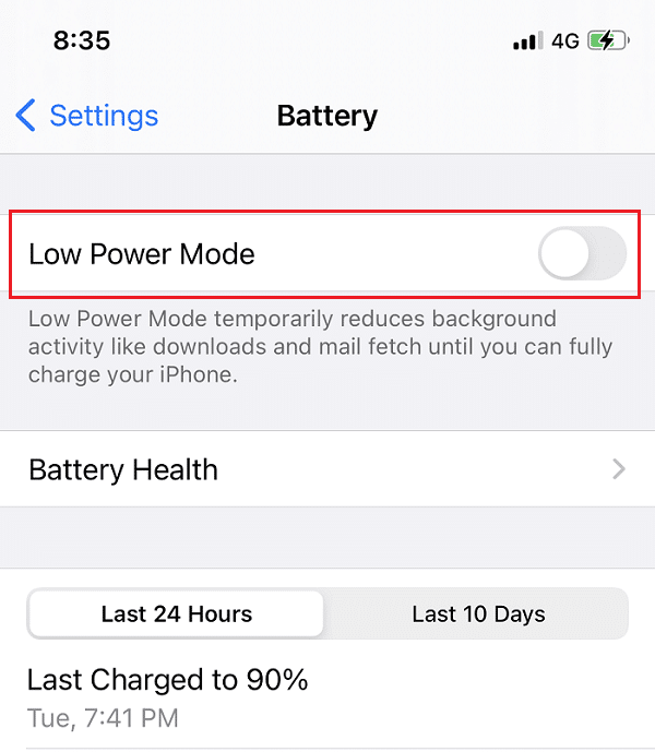 Turn off the toggle for Low power mode on iPhone
