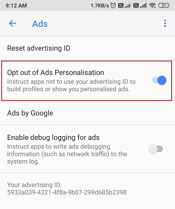 Turn off the toggle for opt-out of Ads personalization