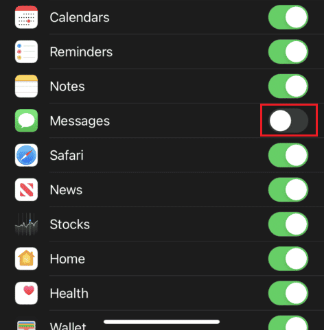 Turn off the toggle for the Messages option | How to Delete Messages from iCloud