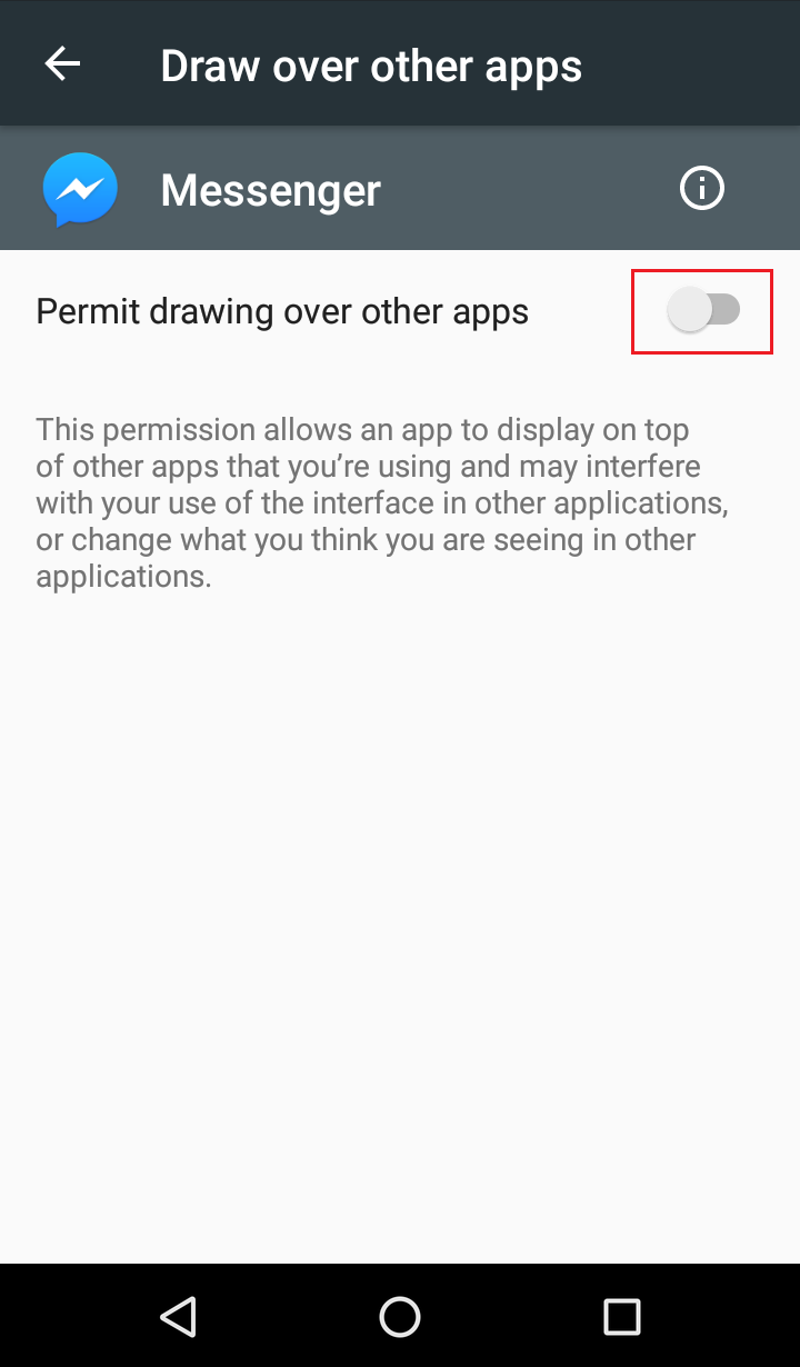 Deaktivieren Sie den Schalter neben „Zeichnen über andere Apps zulassen“.