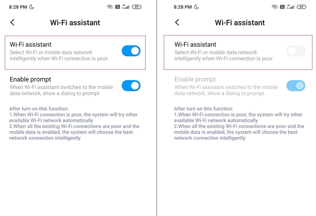 Turn off the toggle next to the Wi-Fi assistant or Smart Network Switch