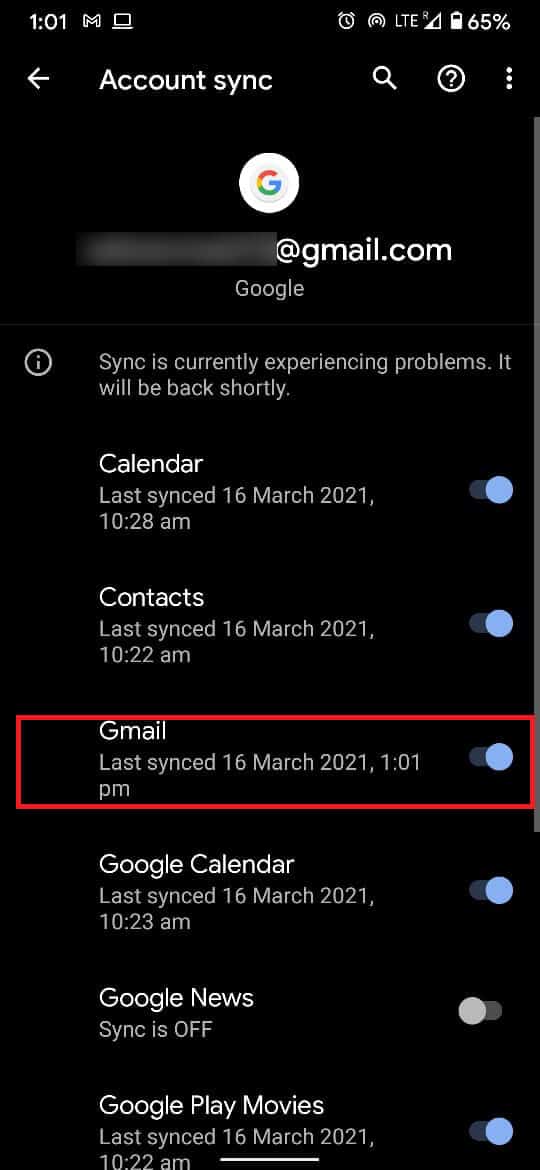 Apague el interruptor frente a la opción Gmail. | Cómo eliminar una cuenta de Google de su dispositivo Android