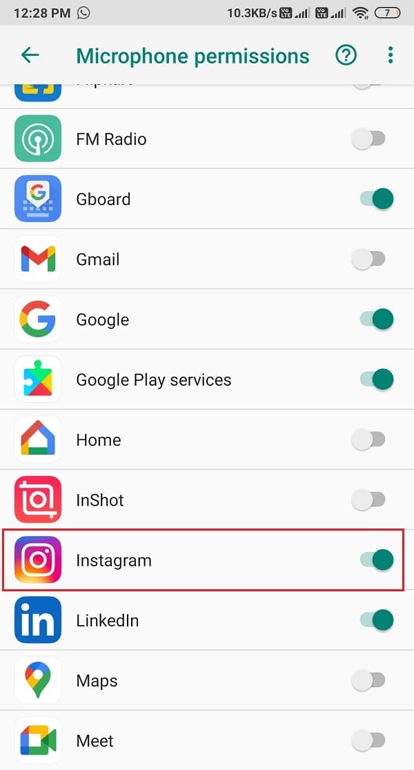 Turn on the toggle next to Instagram | Fix Instagram Video Calling Not Working