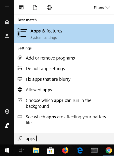 Type Apps and Features in Windows Search | Fix Calculator Not Working in Windows 10