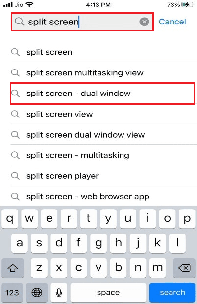 Type Split Screen - Dual Window in the search bar and tap on it from search results | How to split screen on iPhone X, 11, 12, or 13