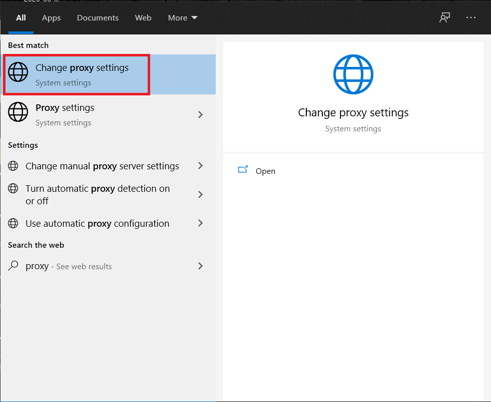 Type in Proxy. You should see the search bring up the Change proxy settings choice. Click it.