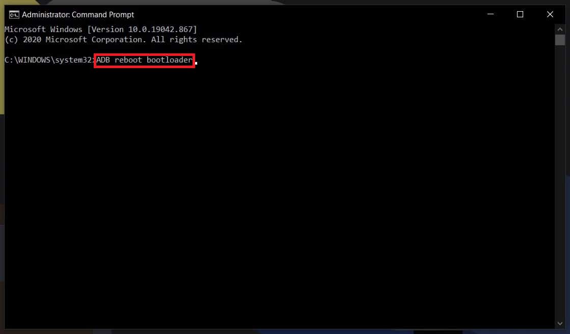 Type in the command “ADB reboot bootloader” in the command prompt and hit enter.