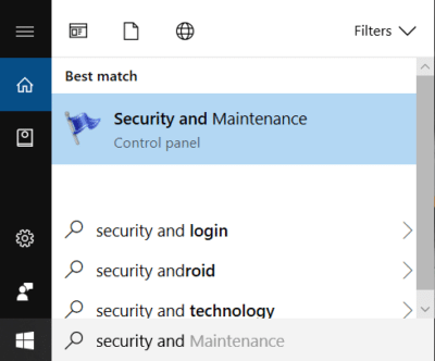 Type security in Windows Search then click on Security and Maintenance