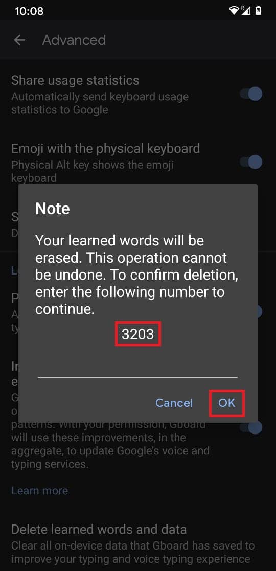 Type the given number and tap on OK | How To Delete Learned Words From Your Keyboard On Android
