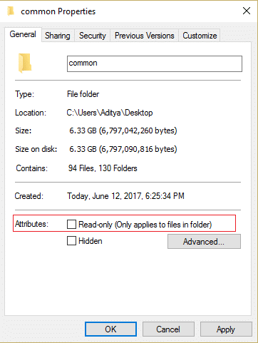 Uncheck Read-only (Only applies to files in folder) option