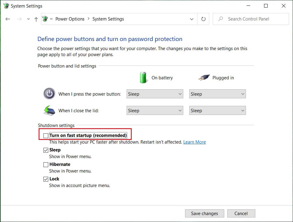 Uncheck Turn on Fast startup under Shutdown settings | How to Enable Num Lock on Startup in Windows 10