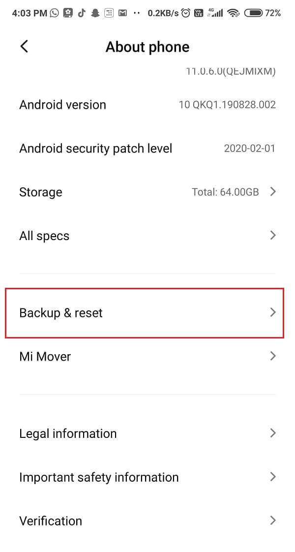 Under About Phone, Click on Backup and reset
