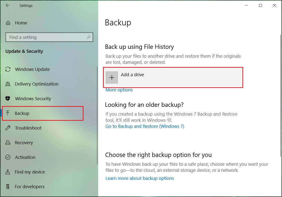 Under Backup using File History click to Add a drive | Fix Reconnect your drive warning on Windows 10