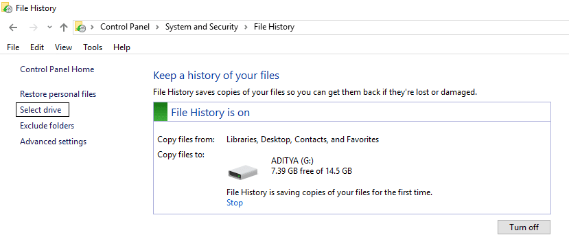 Under File History click on Select drive from the left hand side menu