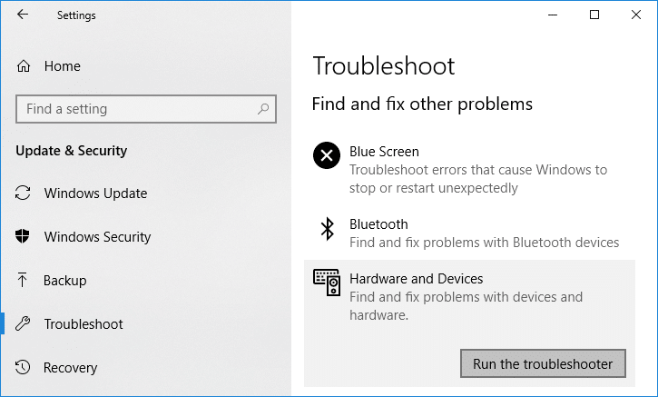 Запустите средство устранения неполадок оборудования и устройств, чтобы исправить ситуацию, когда копипаста не работает в Windows 10.