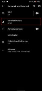 Under Network and Internet, tap on Mobile Network | Fix Cellular Network Not Available for Phone Call