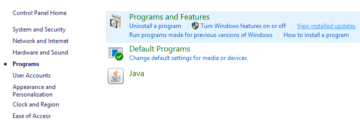 Under Programs and Features, click on View Installed Updates