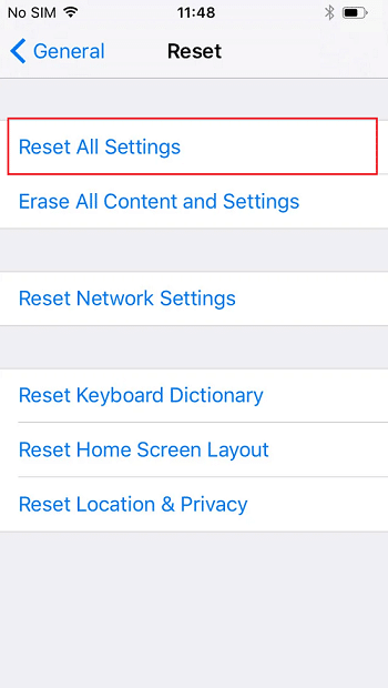 Under Reset tap on Reset All Settings
