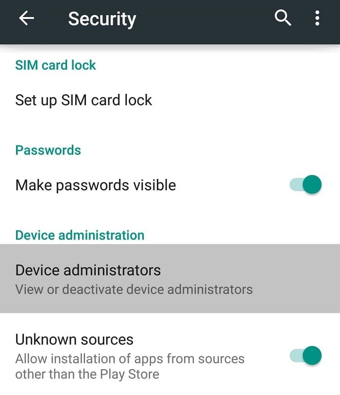 Sous Sécurité, appuyez sur Administrateurs de périphériques | Supprimer les virus Android sans réinitialisation d'usine