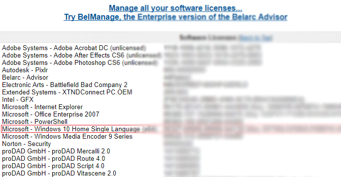 Under Software Licenses you will find 25-character alphanumeric product key