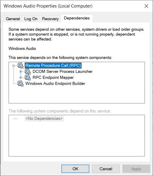 В разделе «Свойства Windows Audio» перейдите на вкладку «Зависимости» | Исправить аудиослужбы, не отвечающие в Windows 10