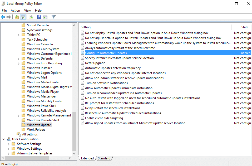 Under Windows Update in gpedit.msc find Configure Automatic Updates