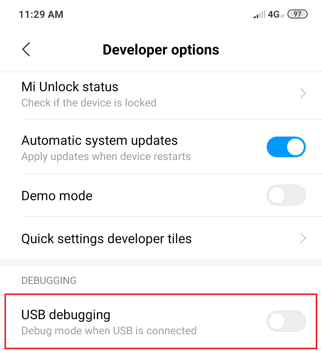 Под опциите за разработчици потърсете USB отстраняване на грешки