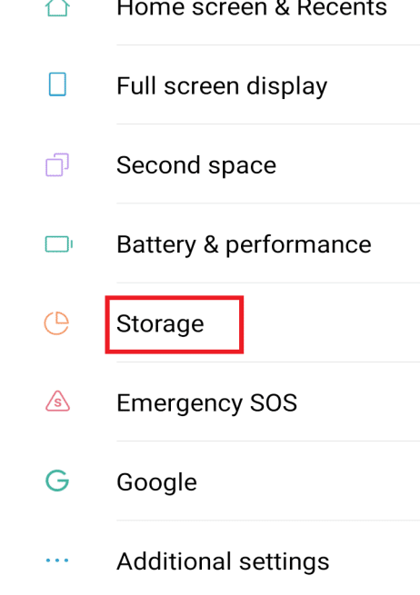 Under settings, scroll down and click on the Storage option