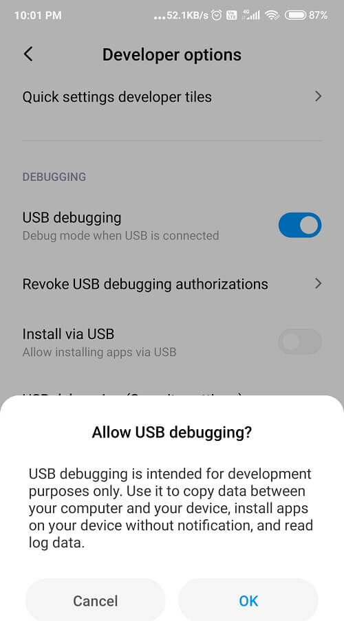 Under the Debugging section, toggle On the USB Debugging option